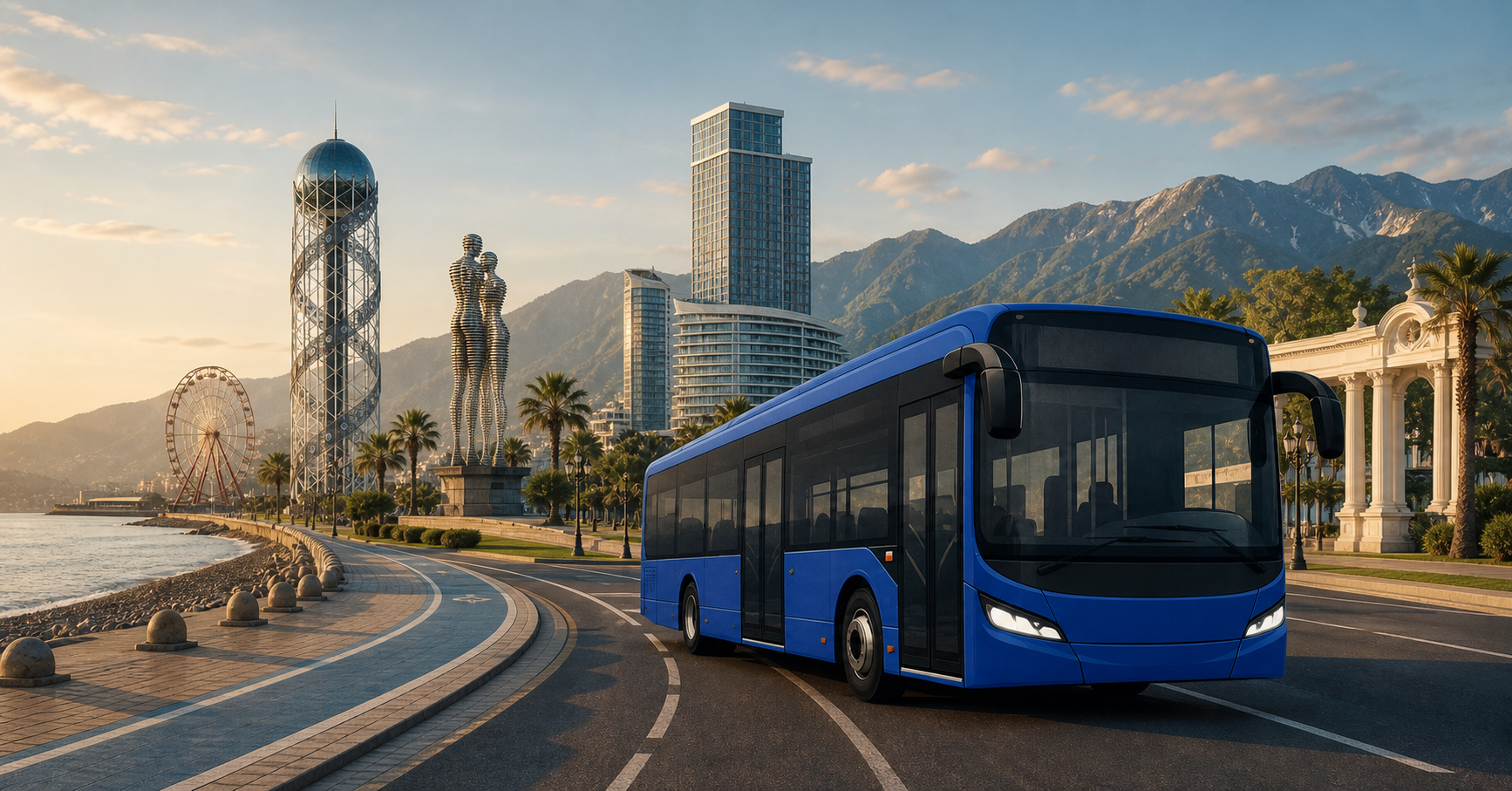 Синий автобус GeoBus на фоне достопримечательностей Батуми